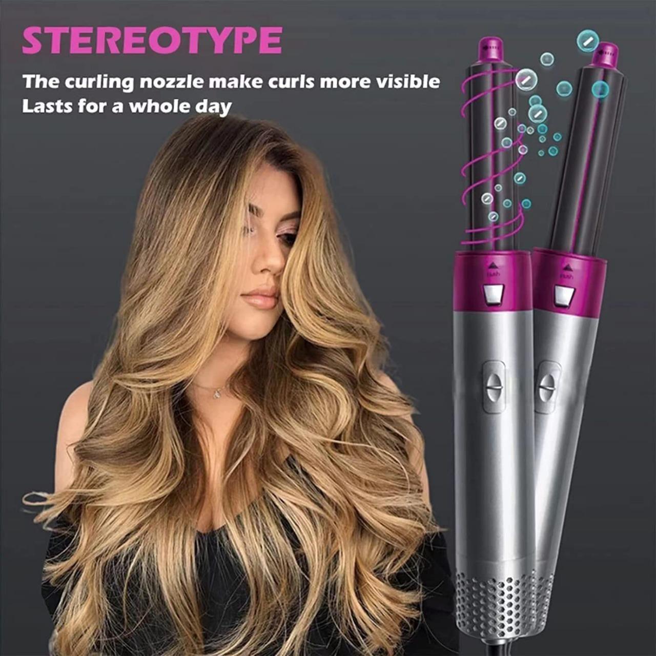 Woman with styled hair next to a hair styling tool with text about its features.
