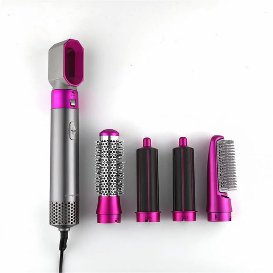 Hair styling tool with interchangeable attachments on a white background