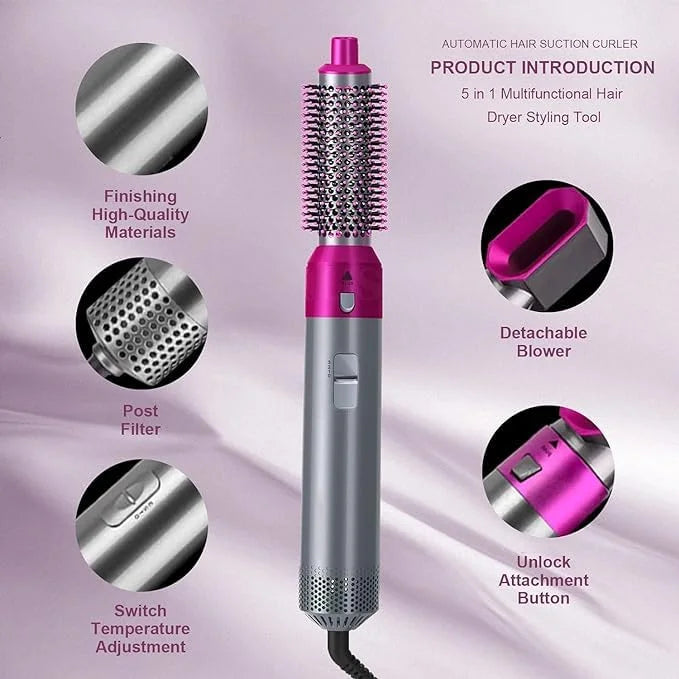 Multifunctional hair styling tool with features highlighted on a purple background